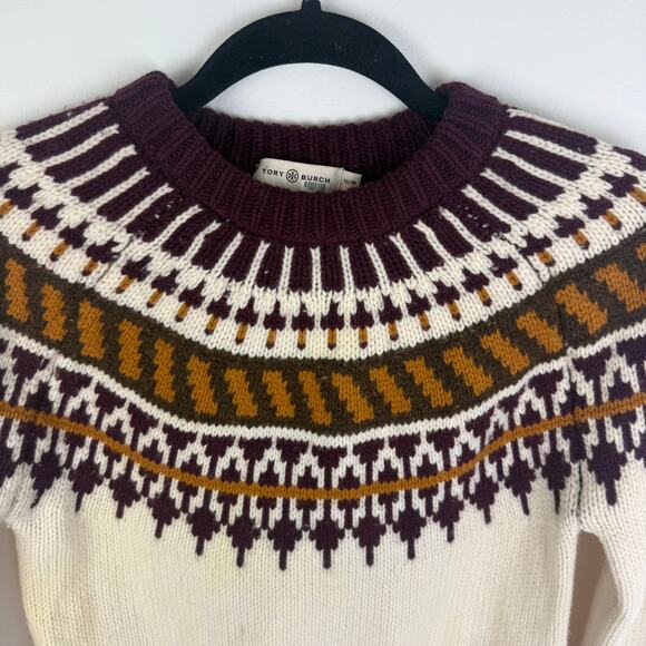 Tory Burch Womens Fair Isle Wool Crewneck Ribbed Cuff Ivory/Burgundy Sweater XS - Picture 3 of 15